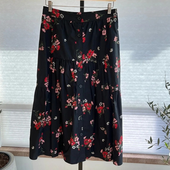 Rebecca Taylor Cotton Floral Tiered Midi Skirt Black Red 8 Spring Classic Modest - Picture 1 of 5